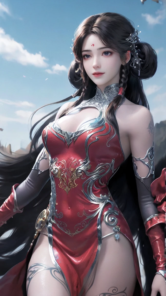 A woman wearing a red dark V top, long skirt, long hair, delicate face, earrings, cape, oversized tits, big breasts, clothes with patterns, perfect figure, raised with one hand