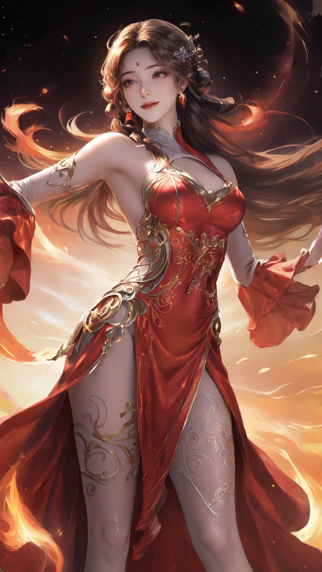 garden,Small bridge and flowing water,red phoenix woman,Long flowing red hair,Phoenix Eyes,Present beauty,Elegance,Big breasts,Present a beautiful figure,Wearing a fiery red Phoenix dress,Sit on a board,Solo Phoenix Guzheng.High resolution, masterpiece, best quality, high detail, Ultra HD,