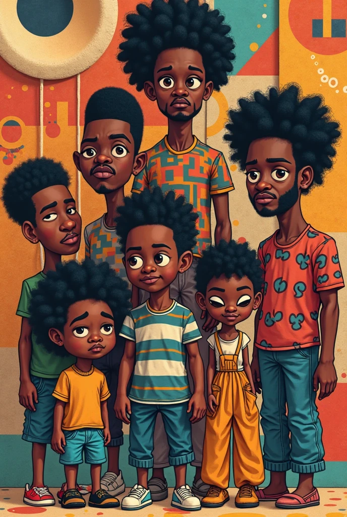  I want an example of 4 male characters in graphite pencil drawing, cabelo afro caindo para a frente, Tipo Rasta,  8k Camera, para colocar de perfil no tiktok,