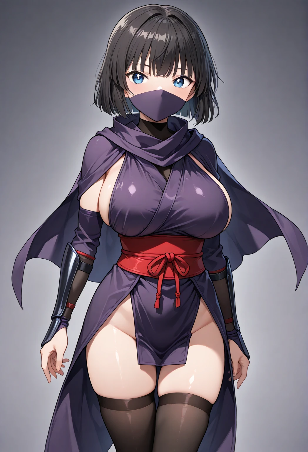 It's ninja female, Black ninja robe and head covering to cover the face like a ninja, Big breasts and big, tight thighs, black hair, Wearing a full-coverage outfit like a mysterious ninja, dark blue eyes,