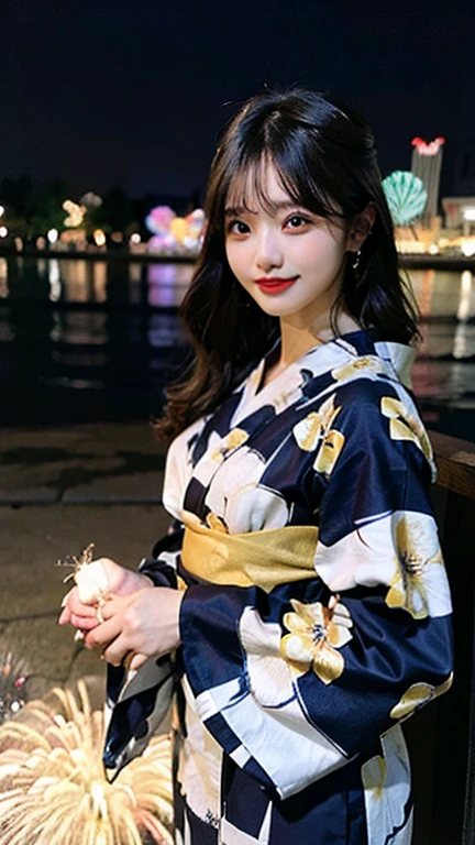 beautiful eyes, realistic eyes,look at camera,smile,(((top quality, 8k, masterpiece))), crisp focus, (beautiful woman with perfect figure), slender, (hairstyle: up)), ((kimono: Kara)), street: 1.2 Highly detailed face and skin texture Detailed eyes Double eyelids random posture, (smile),super cute Japan person,super beauty Japanese girl, realistic face, double eyelid,summer festival , at sunset , beautiful tooth , fire-works back ground.
