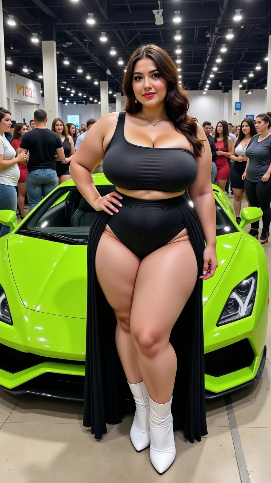 night city with car in background,((full body naked shot:0.6)) ,nice breasts, gigantic hips, tan skin, beautiful woman, smile, eyelashes, highly detailed face, MILF, sexy