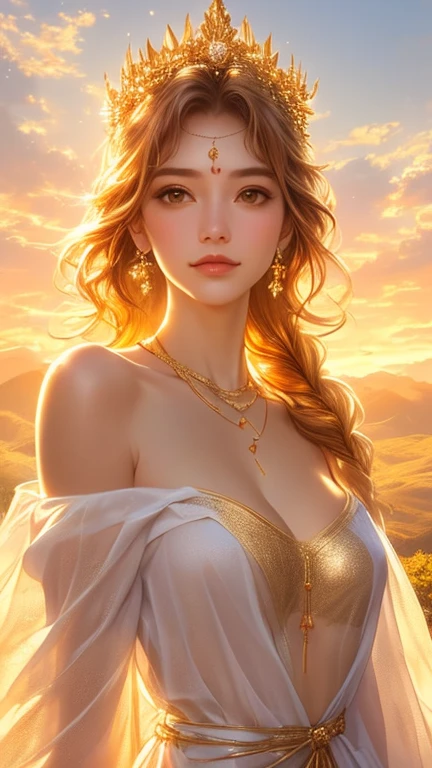 Best quality, 30 year old woman, massive breasts, brown long hair, blue eyes, skimpy gold robes, sunset, upper body, sexy, angelic, golden glow, opulent, luxurious, god rays, fluffy clouds, colourful flower field,
