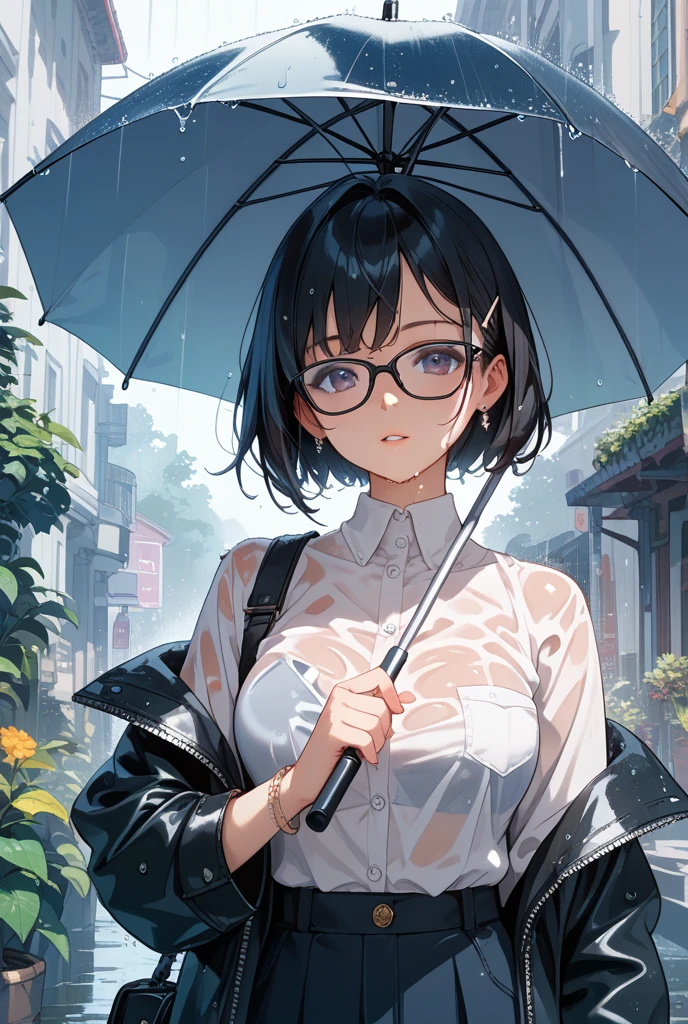 score_9, score_8_up, score_7_up,source_anime, high res image,masterpiece,best quality,girl,cute face,clear skin,black hair,short hair,black eyes,crying,rainy,looking at the sky,glasses,sad