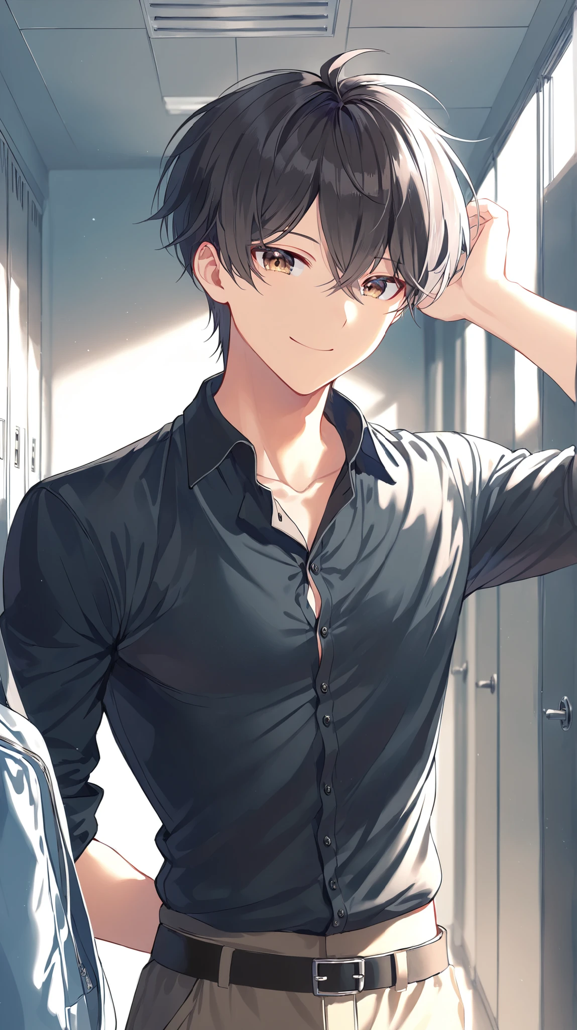beautiful korean highschool guy, short black hair cuted in elegant and modern hairstyle, dark brown eyes, small face, slim but fit body, he is wearing dark blue t-shirt and black unbuttoned shirt on top of it, he is standing and posing at his locker in the highschool hallway, having cute smile.
