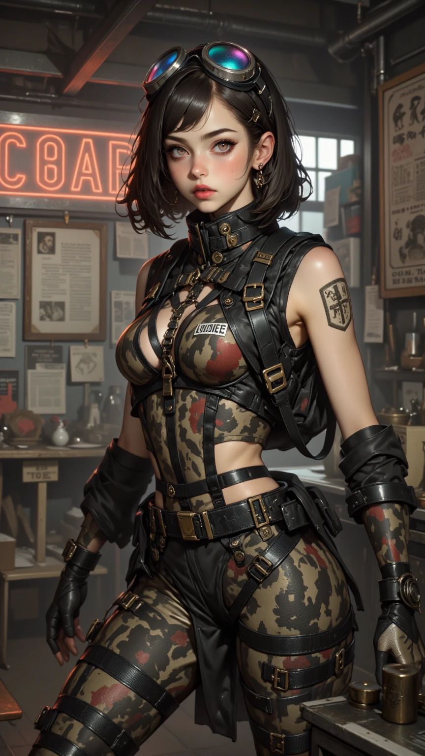postapocalypse, High detail RAW color Photo, closeup shot, of (rebellious Korean woman, wearing Korean military underwear), (sitting on couch in (Atompunk) Korean living room), (asian tattoos), (elegant, beautiful face), (retrofuturism), mechanical, gears, (detailed skin), (oil:0.6), (tesla coil:0.4), (Nixie tube:0.8), (highly detailed, hyperdetailed, intricate), (bloom:0.4), soft lighting, (side lighting:0.8), shadow casting, deep focus, photographed on a Leica 10772 M-P, 85mm macro lens, F/8 aperture, film still, (Cursed soldiers, rebellion)