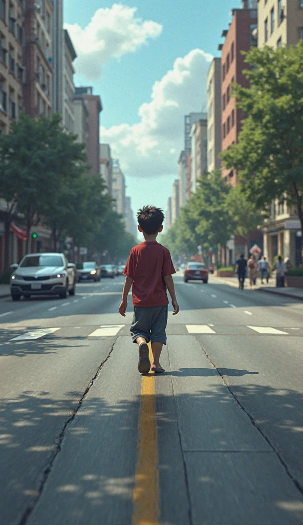 A boy is crossing the road, vehicles are moving, sad mood, dark