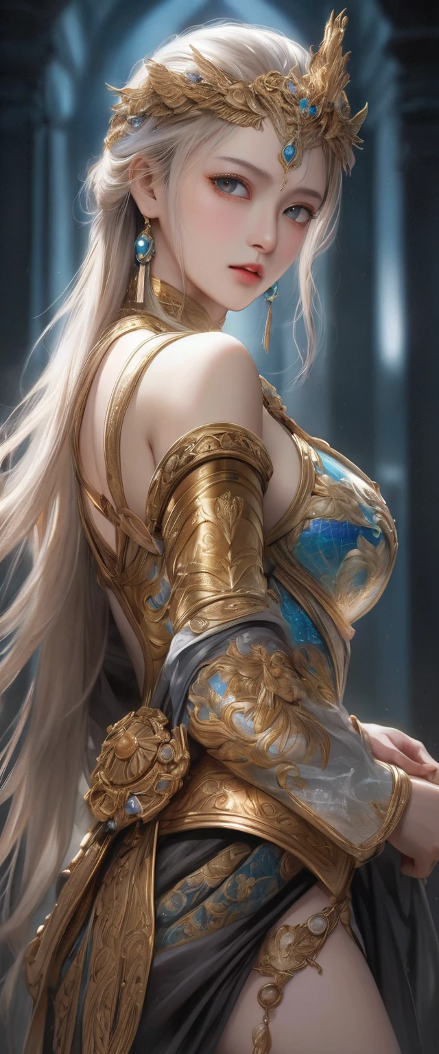 (masterpiece),Fine details,Smooth and natural, (1girl),Yellow-haired,Qiancheng Xue,Hair is adducted in both palms,Beautiful and dignified,Majestic,The background is rich in detail,(cloud+wide shot),Dense mist,The sky is ethereal,Superb painting,Ink feeling,"huge tit:angelicales