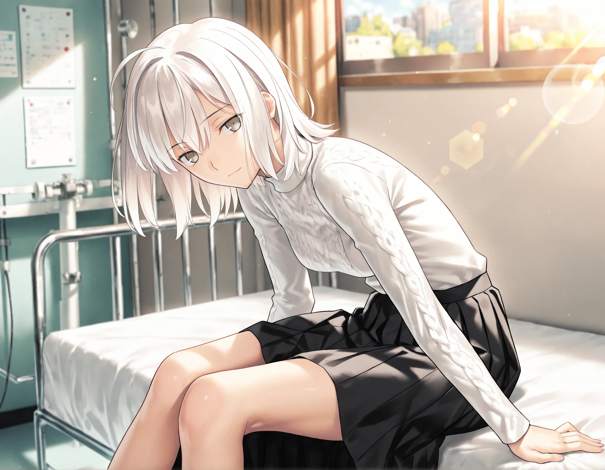 masterpiece, , absurdres, highres, detailed background, high resolution, masterpiece, necessary, detail, best quality, quality, necessary, details, High details, Precise, 8k, indoors,(hospital),day lens flare, blurry background, from side,
1girl, , koyama hirokazu (type-moon) style, ,Takeuchi Takashi style, (aged up),( ), ,((very long thighs)), sitting, leaning forward,
very tall girl, (slender body, slim arms, slim body), solo, head tilt, ,
((wolf cut hair)), white hair, medium hair, gray eyes, half-closed eyes, jitome ,bangs, hair between eyes, ahoge, ,(black turtleneck knit, long sleeve , black pleated skirt, long skirt, ), ,(small breasts),(looking at viewer), expressionless, light smile, , ,
