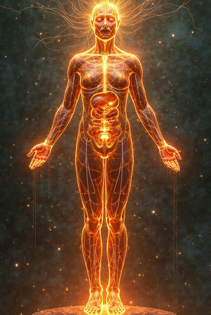 ((Best Quality)), ((masterpiece)), ((detailed)), ((High Definition)). A body made of energy in anime style, highlighting inside its mana veins and its mana core. With a completely black background.