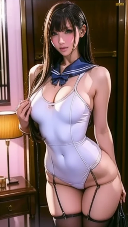 (highest quality, masterpiece:), ultra-high resolution, shoot from behind, night, in the pool bar, Korean photo model, young and beautiful gravure idol, 23 years old, tight, wearing a Sailor Moon Outfit, mini skirt, white panties, high leg, gigantic breasts, puffy nipple:1.4, skinny, bangs, long hair, light brown hair, forehead, unkempt hair, gorgeous earrings, beauty, victory smile, mature woman, please face forward and look at the camera,