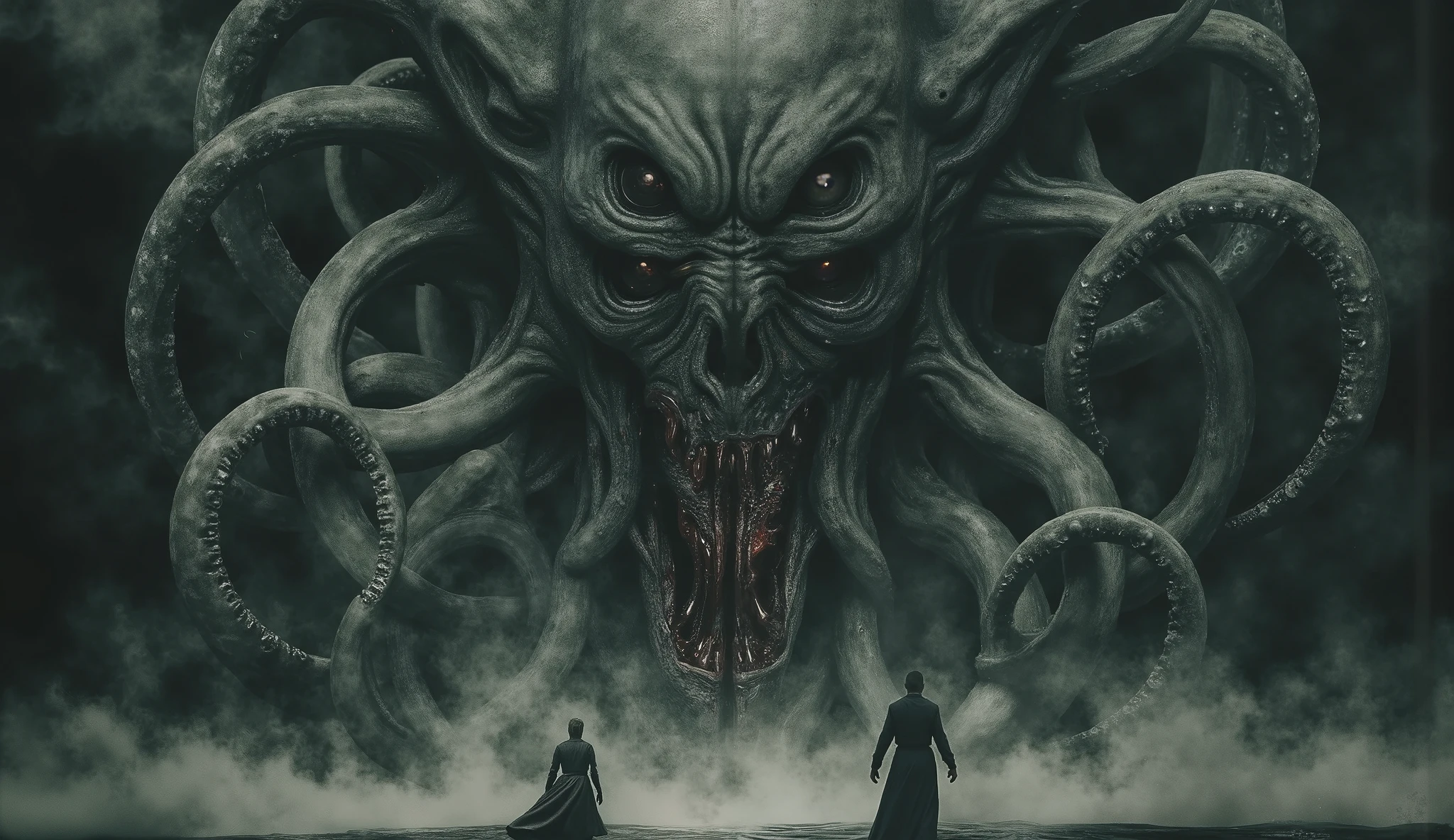 Eldritch entity, distorted face, tentacles coming out of the eyes and mouth, biomorphic body, darkness and fog background, high detail, masterpiece.