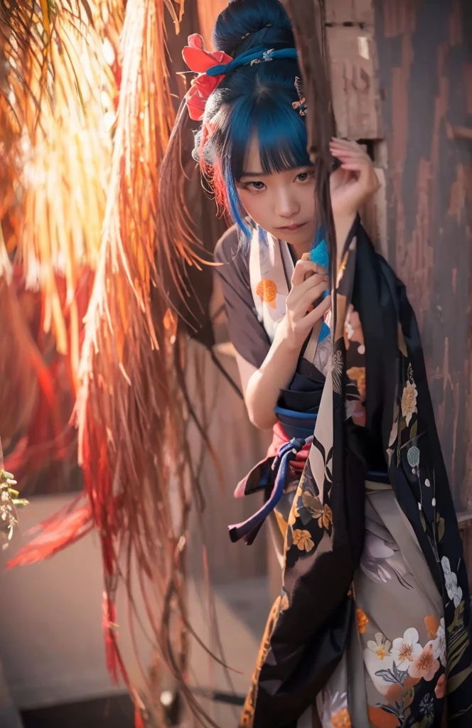 (Fox Girl, Fox Ears, Black colored hair, Fox Makeup, One Girl, Long Hair:1.6), (kimono, Kimono with open chest, A beautiful kimono with red and black patterns, I can see her cleavage, Open chest, Exposed skin:1.8), (Body measurements are 75-60-75!, Young girl body, Small breasts, Small breasts, Emphasize the chest, Knees are slightly visible, Muscular, Abdominal muscles, Hide your own chest with your hands:1.9), Avatar, face, lewd face, Dominant representation, naughty face, Uplifting, Skin Texture, outside, Grassy field