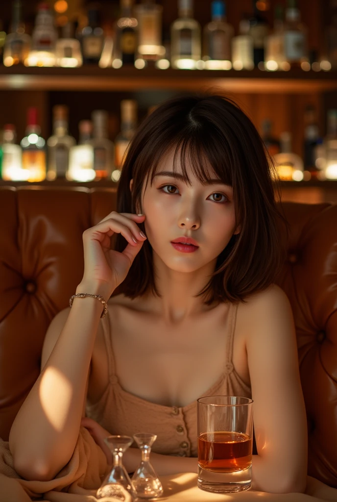 ((extreme close up)), side view, watching camera, A sophisticated bar setting exudes an atmospheric glow, featuring stylish dim lighting and a cozy ambiance. In sharp focus,  a thin Japanese actress in her 20s, with tied medium, loosely curled brown hair, sits on a bar stool. Dressed in a white plunging neckline tight long dress, licking a short cocktail. inviting me to drink together, The scene captures an elegant, intimate mood, enriched by warm lighting and rich textures, creating a masterpiece of visual allure., from side, UHD, masterpiece, anatomically correct, textured skin, super detail, nipple slip