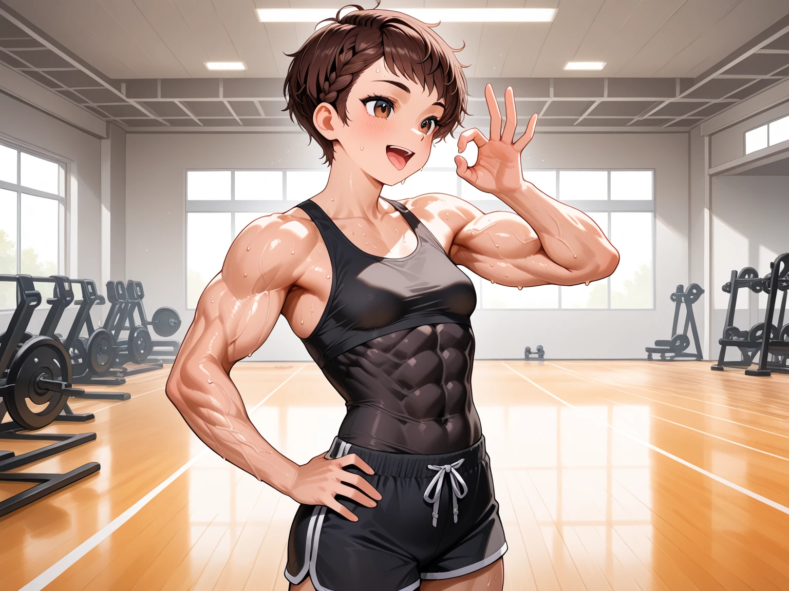 Muscular brunette girl with short red hair sweaty in gym clothes 