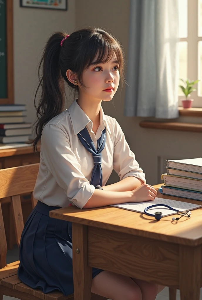 At home, Study at your desk, short detailed hair, Primary school student wearing Shenzhen school uniform, ssmile, looking at viewert, 35mm, filmgrain, Cinematic lighting, surrealism, Super detail, High details, Best quality, A high resolution