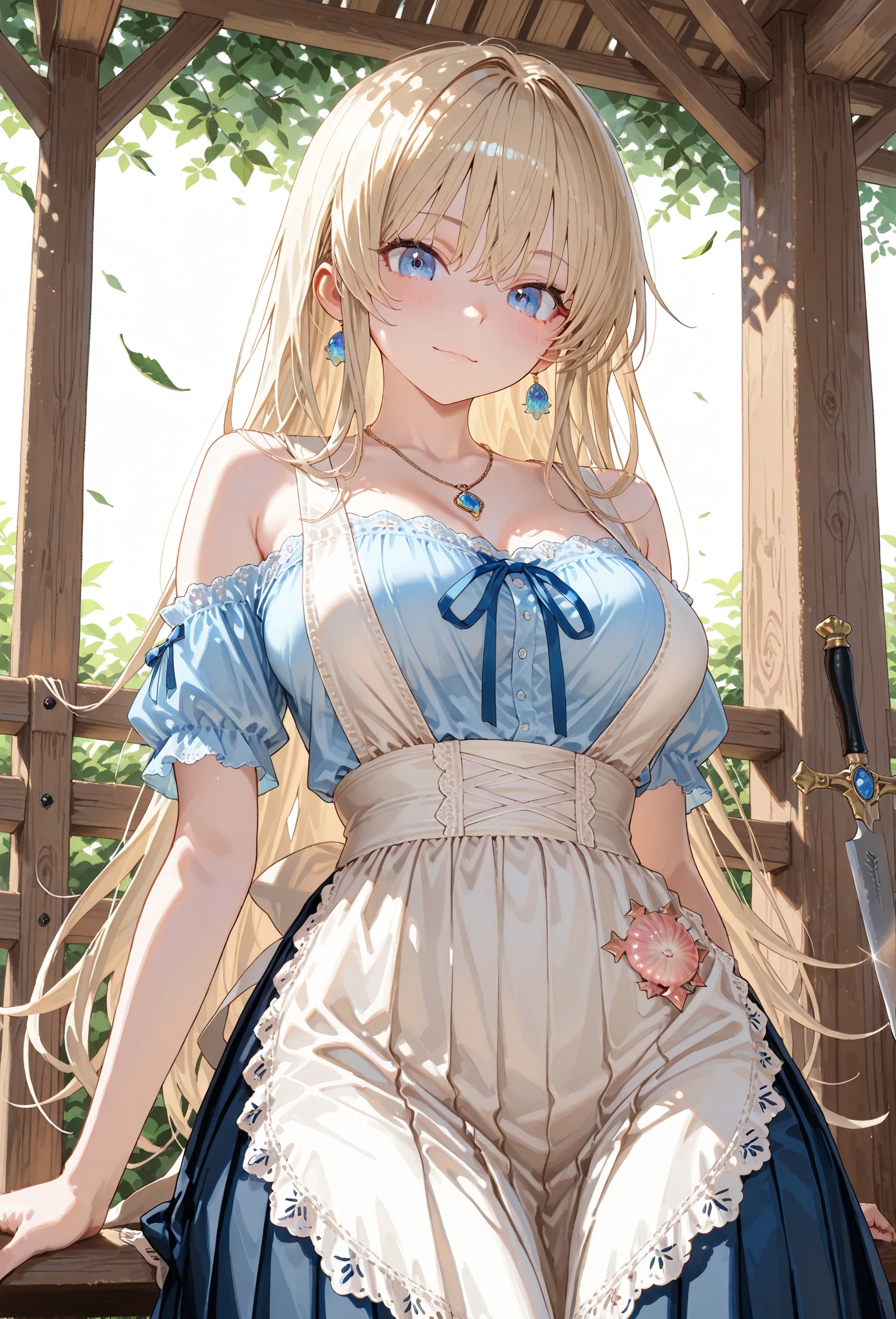masterpiece++, best quality++, beautiful+, anime style,1person,full body image, long lacey skirt, leather belt, off shoulder top, beautiful straight blonde hair, beautiful blue eyes++,long straight hair, necklace