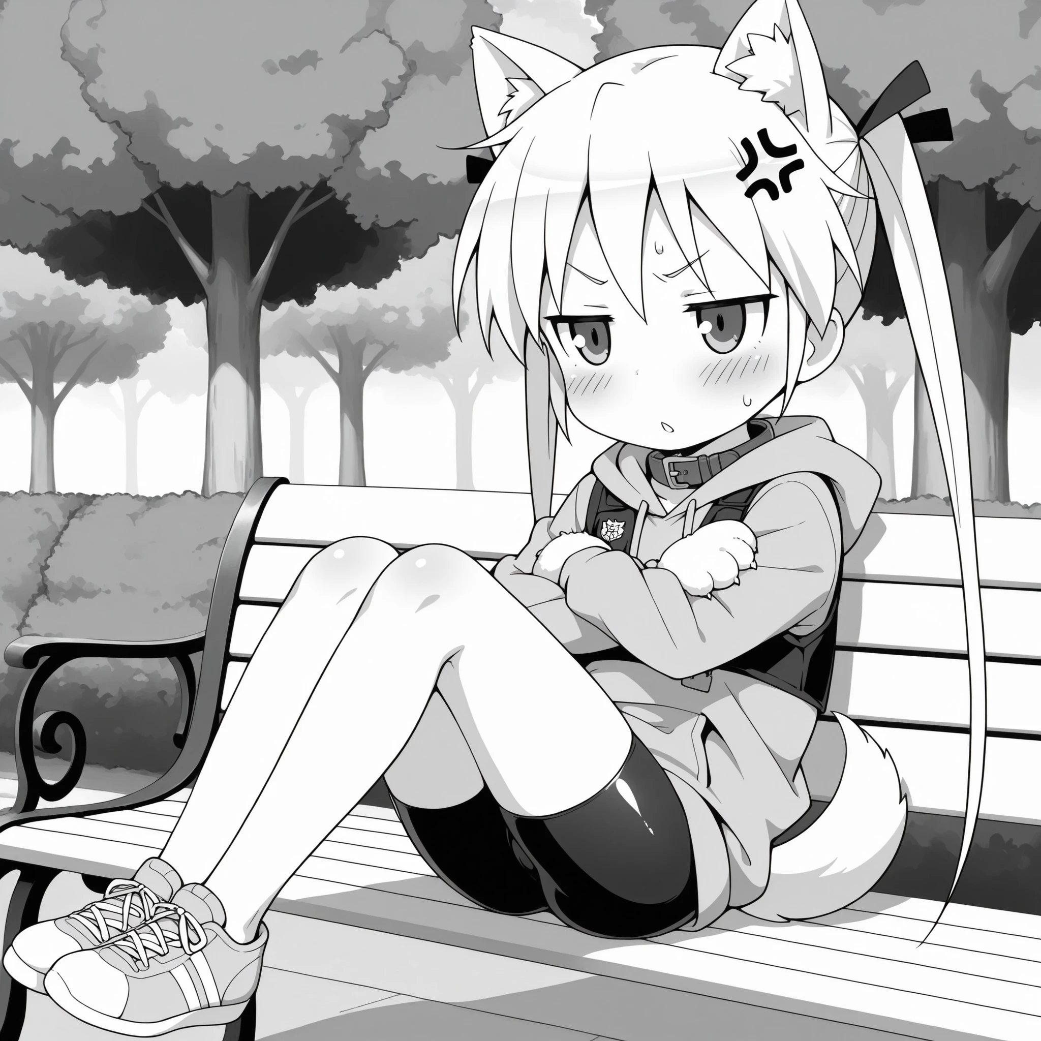 ((anime syale)),,score_9, score_8_up, score_7_up,masterpiece, best quality,ultra detail,1girl,(((park))), (((monochrome))),((((solo)))),sonya,twin tails,white cat ears,((white dog tail)),(white Dog paw glove with claws),(Black police vest),gray leather collar with a golden buckle,((shiny bike shorts)),((gray hoodie)),((long sleeve)),gray sneakers,((sitting
on bench)),((legs together)),((outstretched knees)),((stretched legs)),crossed arms,((front view)),((blush)),sweat,v-shaped eyebrows,jitome,parted lips,dramatic angle,(anger vein),