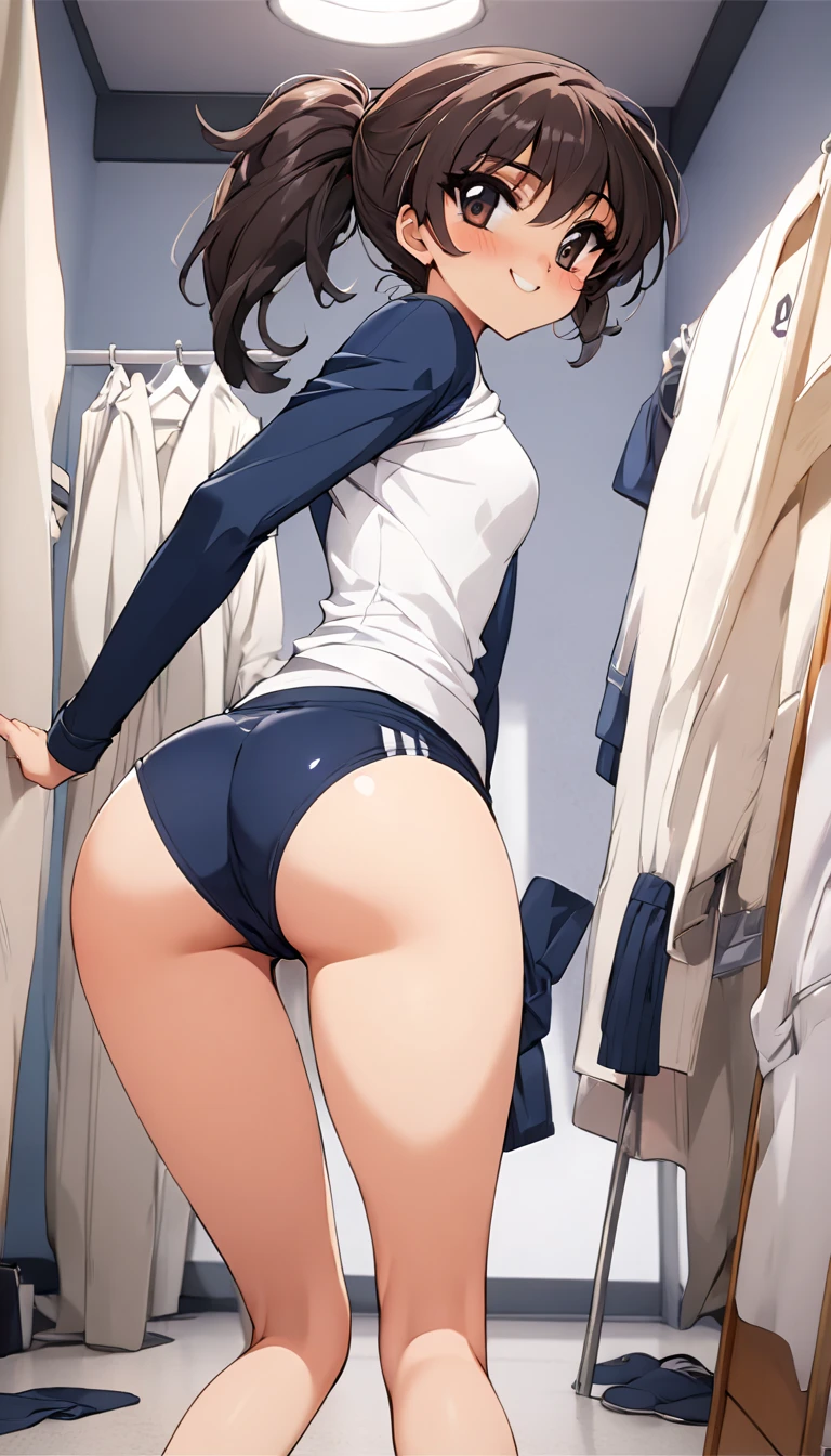 master-piece, hyper quality, hyper detailed,perfect drawing,Solo, High school girl, school uniform, miniskirt: (0.7), backwards, buttocks sticking out, big round buttocks, standing figure, ((panties fully visible)), tanned skin: (1.5), cute smile, tan marks: (1.5), (((baggy socks))), Portrait, bust up, shot from diagonally below, station, stairs, beautiful background, detailed drawing, accurate drawing.