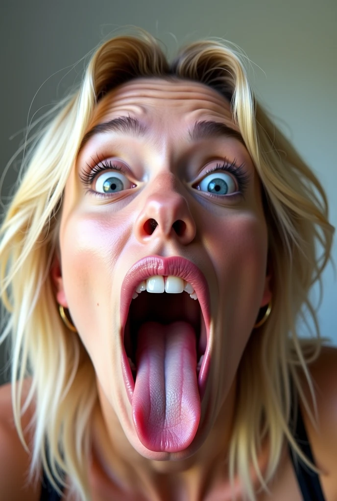 Close-up of face from above、Watching the audience、(((Open Mouth、Kissing the camera with tongue out)))、One white mature woman, Blonde beauty、slender、 50 years old, Sitting on the bed