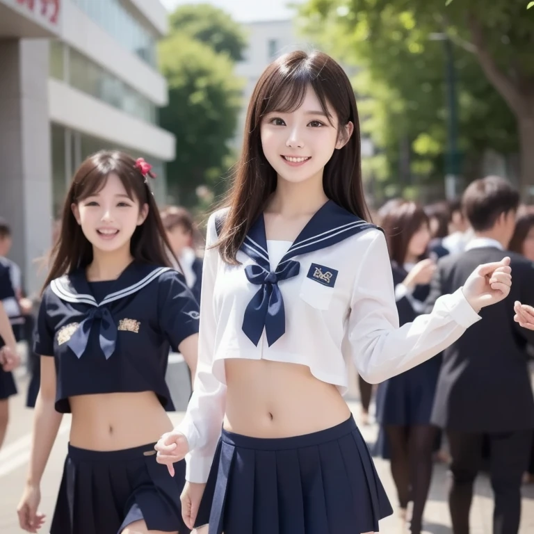 Various poses、the Extremely Detailed CG Unity 8K Wallpapers、top-quality、ultra-detailliert、​masterpiece、realisitic、Japanese high school students、Clear、Sailor Clothing、Dark blue skirt、turned up skirt、Photo Real、extremely detailed cute girl、15yo student、((skirt lift by yourself)))、(Lifted by yourself)、Pure white panties、panties focus、red blush、Parted lips、looking at the viewers、Semi-body shot、(Large crowds)、(Crowded city)、Wavy Hair