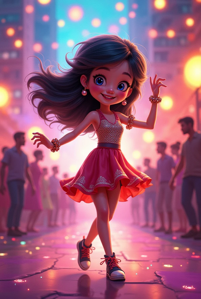 Mini Miss  latina 6 years old, dressed pink skirt, red high heels, hold her skirt showing her pink panties, en certamen de belleza.