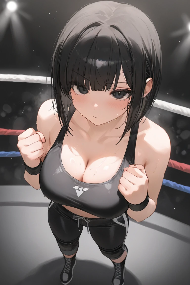 Ultra-high resolution, 1 Girl, 18-year-old, (Idols:1.4), (Famous actresses :1.4), (Beautiful detailed face:1), , ((Best Quality)), 1 Girl:1, 18 I, Cinematic Light, ,Mood lighting, Blue Hour, (((Perfect Anatomy:1.10))), (Finely detailed face:1.2), (Representative works:1.5), (Best Quality:1.2), looking at another, Lipstick, V-shaped eyebrows, V Line Jaw, ((Prevents clothing from digging into the skin)), (((Sexual expressions:1.4))), (((Suffering expression:1.5))), (The background is blurred), Glossy texture, Strong winds:1.3, (Long black hair:1.4), (((Watery eye:1.3))), (Perfect Face:1.4), ((Shiny skin:1.2)), (Extremely smooth expressed skin), (Sweaty skin:1.3), White Skin, Slender, Narrow nose, (Narrow waist:1), ((((Tired look:1.3)))), (Half-open mouth:1.3), (Saliva:1.1), (Medium size breasts:1.3), There is cleavage in the chest, Bangs, Light makeup, Small Ass, ((Pro Wrestling Match Venues:1.3)), ((Inside the professional wrestling ring:1.3)), ((Sexy Sparkly Wrestling Costumes:1.3)), (Pattern sexy pure white wrestling costume:1.3), (( Pure white wrestling costume with intricate design:1.3)), (Patent leather long wrestling boots), Thimble Skin Gloves, ((((The crotch is very wet:1.4)))), ((((Sweat makes clothes transparent:1.3)))), ((Lying on the floor:1.4)),  (View from the ceiling:1.4),