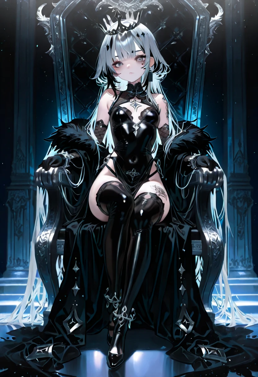 core_9, score_8_up, score_7_up, <lora:Pony_Stylized_Dark_Ambience_-_SDA:0.8> intricate details, glowy eyes, solo, looking at viewer, 1girl, highres, long straight hair, detailed hair, anime style, darkness, , spiked clothes, <lora:add-detail-xl:0.7>, Blue shinny hair, aged down, hyper detailed face, yandere style, professional shot, original pose, detailed background, (legs:1.2), dark fantasy, demon girl, in a castle, a little closer, little girl, white lights, dramatic lights, dark atmosphere, pale skin, tilted head, (intricate eyes:1.1), crystal horne