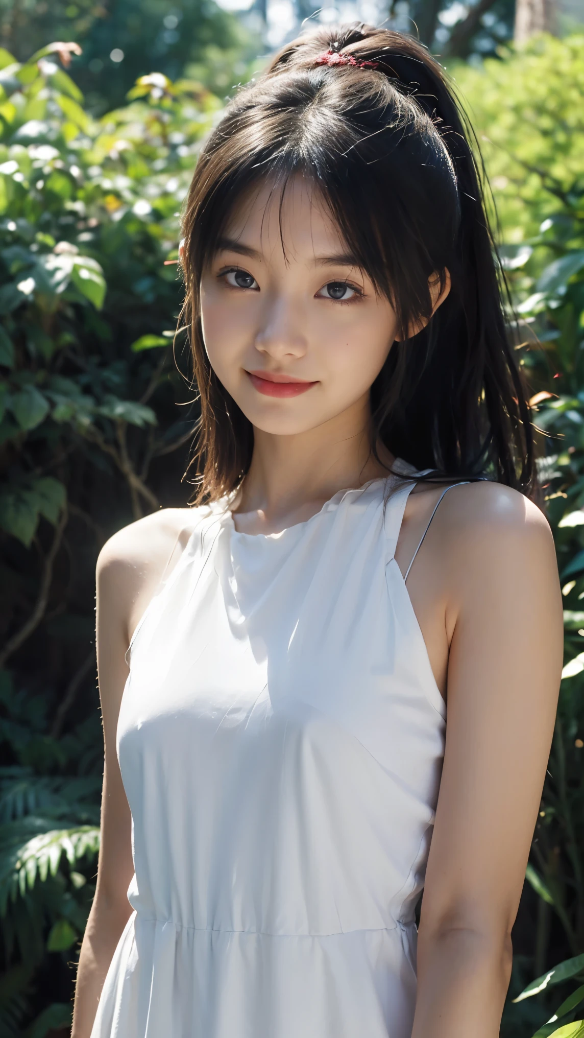 dress,outdoors,Urban Park,On the lawn,One woman,close up face,fully body photo,masutepiece, The highest image quality, High quality, the background is clear，Beautiful woman, Japanese, Detailed, Ultra-detailed, finely detail, hight resolution, 8K Wallpaper, Perfect dynamic composition, Beautiful detailed eyes ,Detailed eyes, Detailed skin, Beautiful skin, 超hight resolution, (reality: 1.4),Very beautiful woman, Slightly younger face, Beautiful skin, slender, (Ultra photo realsisim), (hight resolution), (8K), (Very detailed) (beautifully detailed eyes), (super detailed),   (Detailed face), view the viewer, Fine details, Detailed face, Staring straight ahead, Staring straight ahead, photos realistic, Bright lighting, Professional Lighting, Black hair,poneyTail,a baby face,sixteen years old,Hairstyle: ponytail,Long ponytail hairstyle,slight smile,
