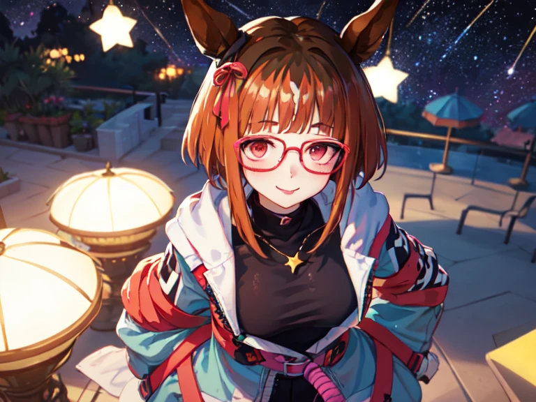 solo、Alone、１Alone。masterpiece, uhd, best quality, highres, 8k、(noline:1.5)、(flat2-dim1:1.5)、shoot from above、upper body shot。 with horse ears、beautiful girl、Wearing red glasses。Pink Lipstick、Smile。hair ornaments、necklace。Light blue dress、sweater、Attached sleeves、Thick Yarn、Mesh pattern、knitting、Veil、Veil、Cape。Bend at the waist and lean forward、Hands on hips。breeze、Starry Sky、cliff