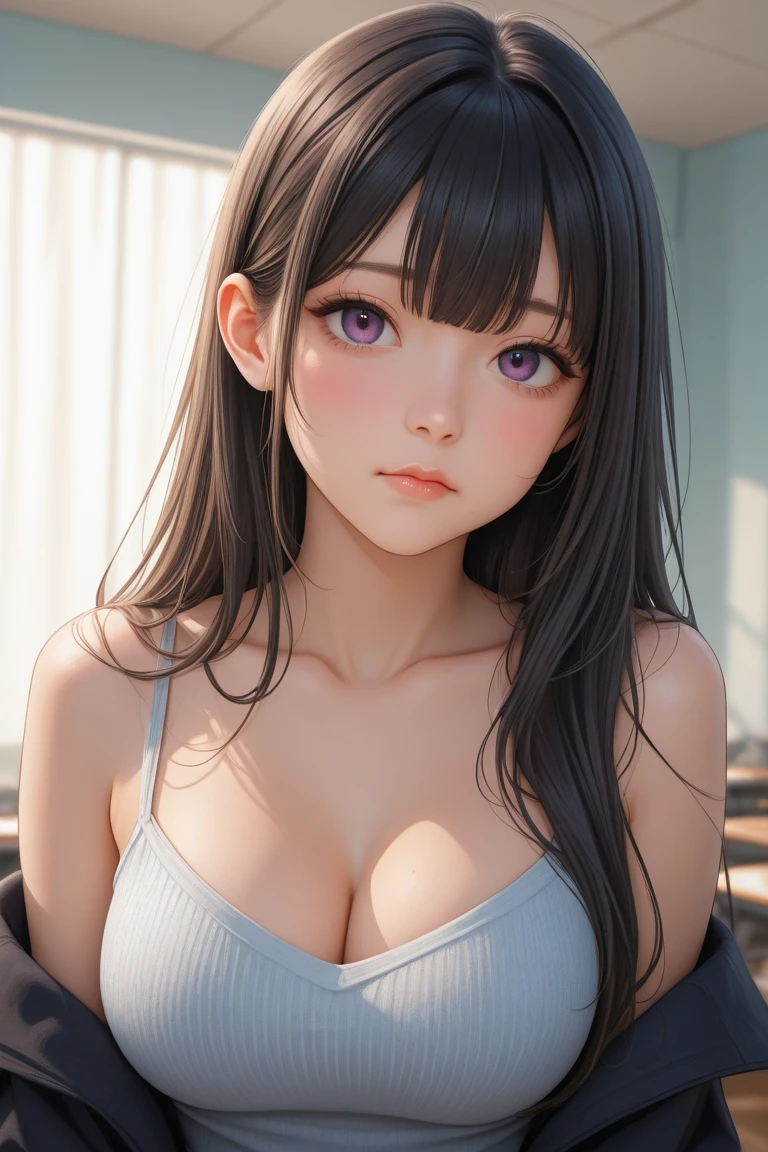 (masutepiece: 1.3), (max resolution: 1.2), (Ultra HDTV: 1.2), cinematric light,  Detailed eyes and skin, detailed facial features, , 8K resolution, (Sharp Focus: 1.2）, Perfect Style, Beautiful face, acurate, Anatomically correct, Highly detailed face and skin texture, Detailed eyes, Double eyelids, Thin eyebrows, Glitter Eyeliner: 1 Natural cheeks, Glossy skin, Fair skin: 1.2,  (Glossy lips: 1.4), (Girls' High School Uniforms:1.2)、 (Shy look: 1.2), 18 instars, Neat and clean woman 、Black brown hair,Wavy Hair、 Semi-long hair, (Focus on Face:1.2), (Normal), (upturned breasts), (in class room: 1.2)), (She is sitting on the floor：1.2.)), Highly detailed facial and skin texture, Detailed eyes, Double eyelids, Natural cheeks, Green-gray eyes,a necklace、  shiny small earrings, shiny lips: 1.4,Exposed cleavage、（A large amount of sperm in the chest:1.4）（Large amount of sperm in the thighs:1.2）、red blush、Tears are embarrassing、White underwear、White bra、Open knees、open one's legs、Masturbation behavior、Disheveled clothes、Dressing、Exposed panties、Wearing sweat、sodden、Sheer underwear、Maids、humiliated、impatience、dismay、Frightened、glares、blue eyes、Full-body angle of view、red blush、Classroom with sunset、