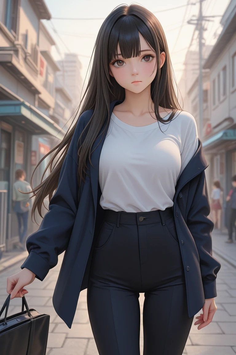 Ala Fed woman in shorts and white shirt standing in park, color pencil sketch, Colored pencils, colored sketch, clothed non - portrait, colored screentone, Half Body Portrait, anime style portrait, drawn with photoshop, urban girl fanart, girl sketch, digital sketch, semirealistic anime style, [ Digital Art ]!!, Young Woman