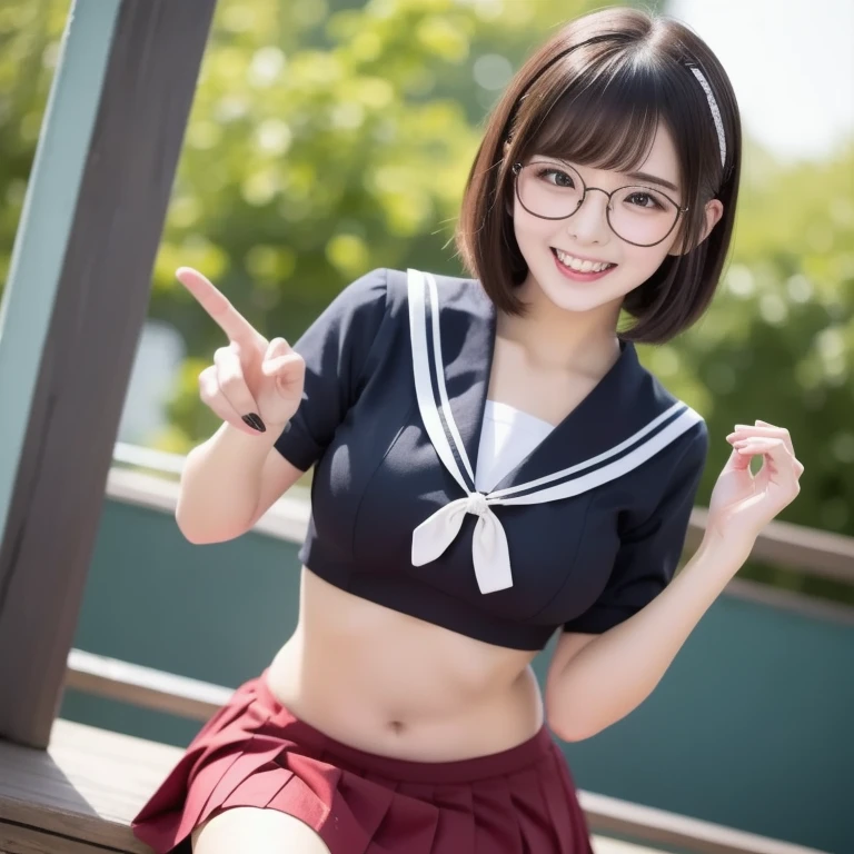 Pubic hair grows、Smile full of happiness、((no-pantie:1.3))、Pink Panties、、Panting face、Lacking、After being attacked、school girl outfit(Plaid miniskirt)、a sailor suit、Sweating、Expression in a state of excitement、short-hair、eye glass、
