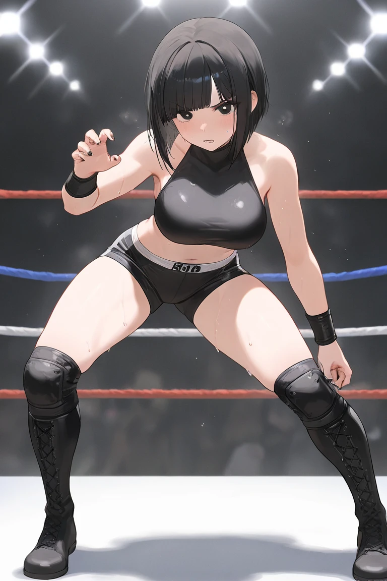 individual,girl,Boxing practice,boxing gloves,Knee socks,Black breast patch,sexy,Big breasts,cleavage,ring,8k,Super detailed,high quality,emaciated,sweating,long black hair