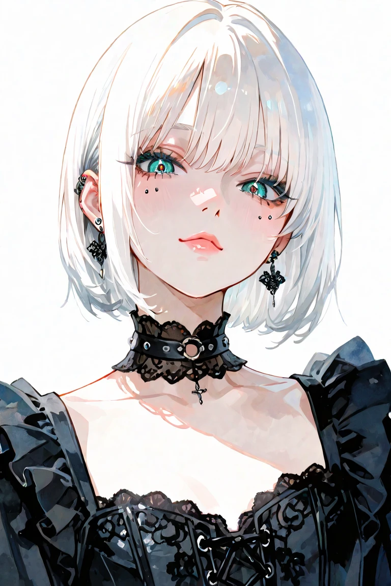 pilyeon, solo, 1girl, black nails, jewelry, short hair, looking at viewer, choker, necklace, hand on own face, piercing, white background, heart, closed mouth, grey eyes, nail polish, simple background, grey hair, ear piercing, black choker, smile, eyelashes, lips, hand on own cheek, bangs, bracelet, beads, gem, earrings, fingernails, half body, armpit, dark eyeliner, goth style