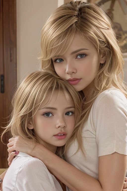 Una mujer blanca afro rubia, with a 3 year old girl straight blonde hair