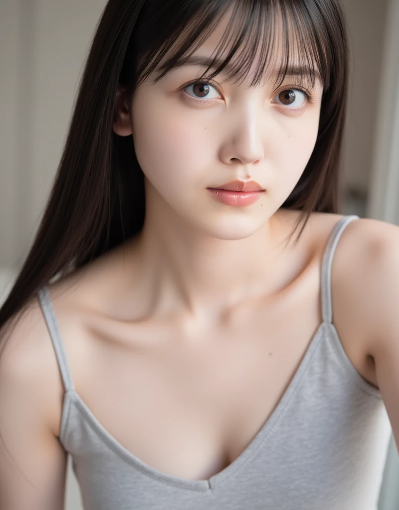 ((highest quality、Masterpiece、High resolution))、(((Zoom photo from above)))、(A shy smile:1.2)、One 15-year-old female、Beautiful Skin、Beautiful Eyes、Cleavage、Sportswear、Black Hair、Trimmed bangs、Straight Hair、room