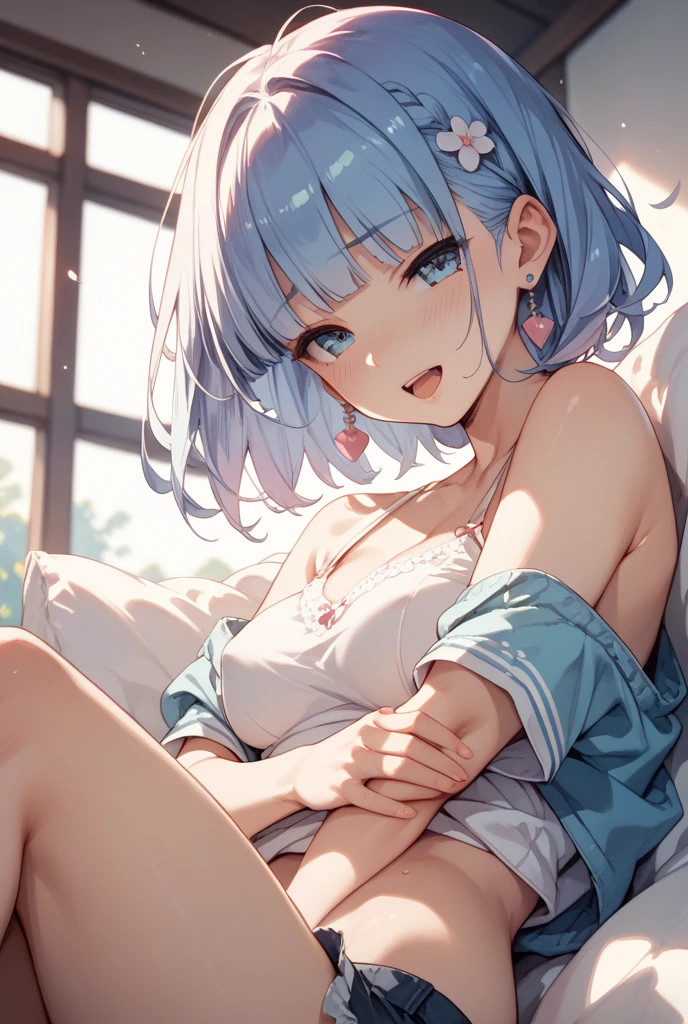 nsfw,1 girl,White hair,(light blue hair),White eyes,medium hair,hair,bare shoulder,breasts focus,masterpiece,best quality,very aesthetic,absurdres,front view,looking at viewer,camisole