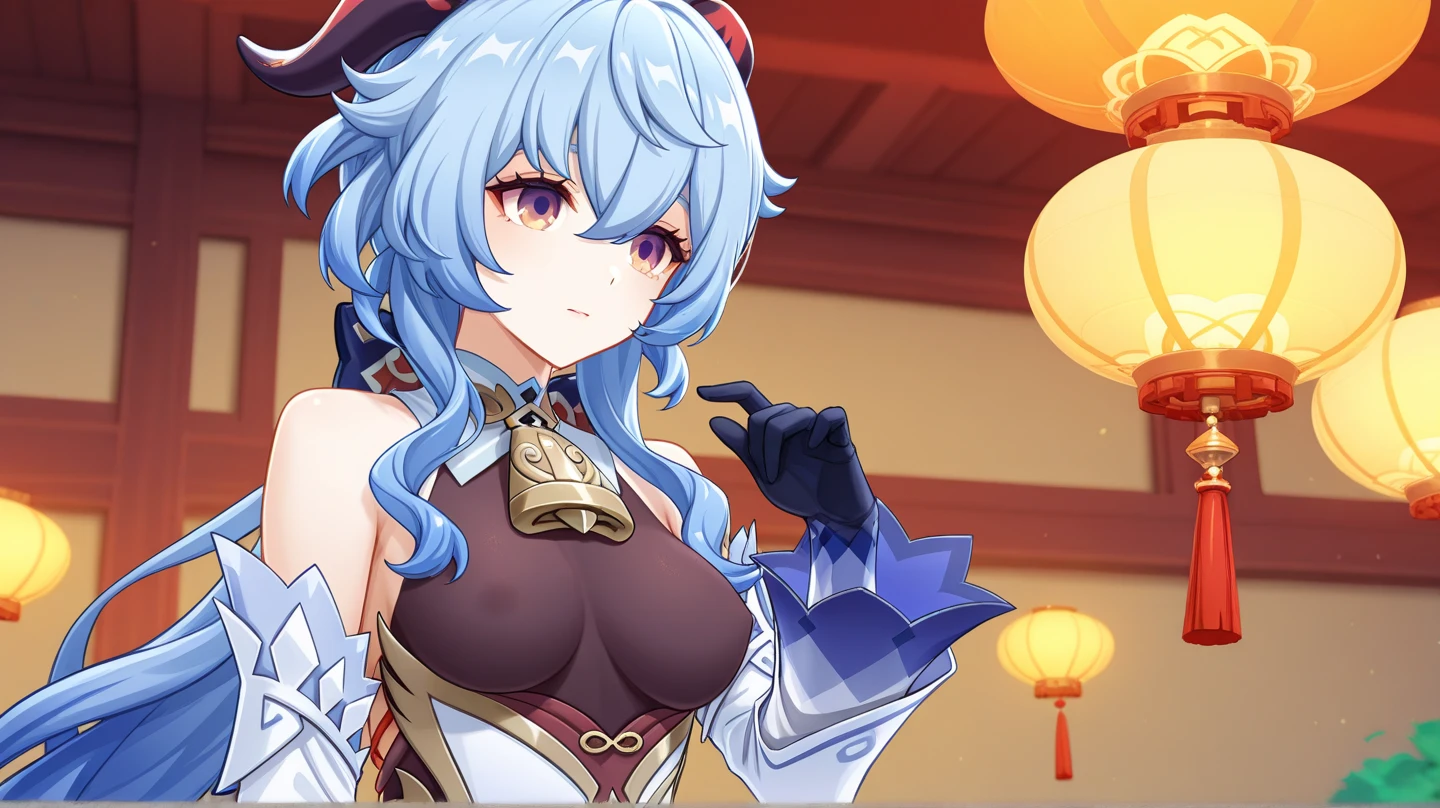 1girl in (​masterpiece) (top-quality）、sarong, Dancing Princess、ganyu \(GenshinImpact\)、lightblue hair、red eyes、red horns、Colossal tits、Sweet rain、Teleface、Red cheeks