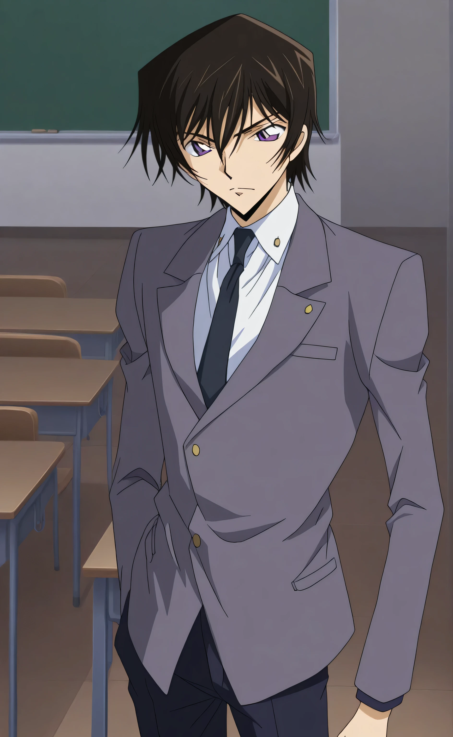 1male,solo,Lelouch Lamperouge,black hair,short,hair between eyes,bang,grey blazer,white shirt,black necktie,black pants,classroom,Detective Conan Style,