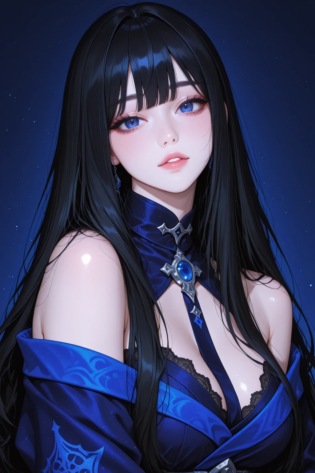 Beautiful young woman with long black hair wearing a night dress. The background is a stage with blue and black tones. There is a spotlight shining on her face. Close-up.