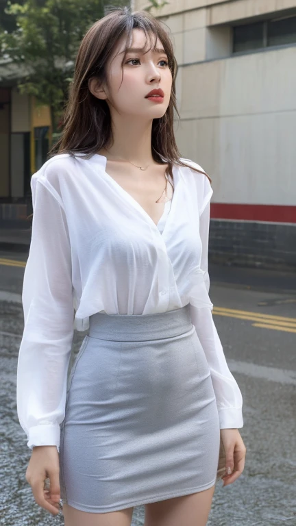 ((Best quality, 8k, Masterpiece :1.1)), Sharp focus :1.2, A Pretty Girl with perfect figure :1.4, Slender abs :1.2, ((Layered long hair, Big breasts :1.2)), (White tight shirt :1.3), very short black skirt (Sultry) ((Aroused: 1.6)), night: 1.5, (detailed pantyhose), Open top button shirt show , ((Naked)) , Rain :1.5, Street:1.3, Highly detailed face and skin texture, Detailed eyes, Double eyelid