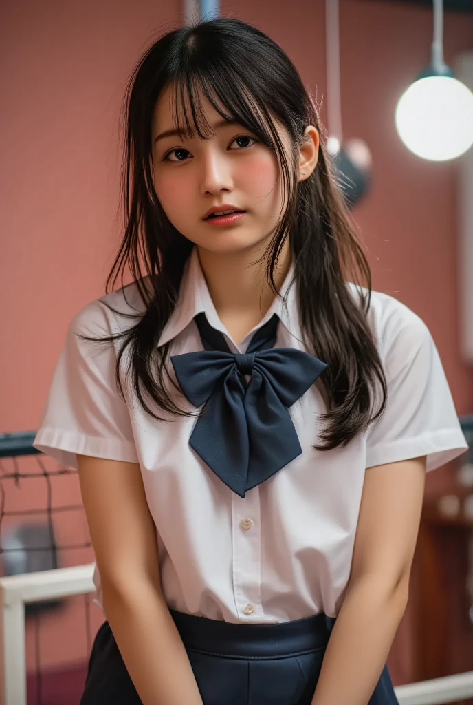 Very detailed CG Unity 8k wallpaper、Highest quality、Very detailed、masterpiece、reality、reality、Very detailedなかわいい女の子、18-year-old、(Japanese in uniform)、((White short sleeve buttoned shirt:1.4))、((Photographed from the front:1.4))、((Dark blue bow tie:1.4))、((Sitting on a red sofa:1.4))、((model pose:1.4))、blush、Cleft lip、Looking at the audience、((Cowboy Shot:1.4))、(Navy blue short pleated skirt,:1.5)、(short sleeve white shirt for students)、(straight medium long hair:1.7)、(Beautiful Face:1.3)、(Perfect proportions:1.2)、(Long legs:1.2)、(Small breasts:1.3)、((Upper Body))、((White panties are visible:1.4))、Angle from below、reality、smile:1.7、