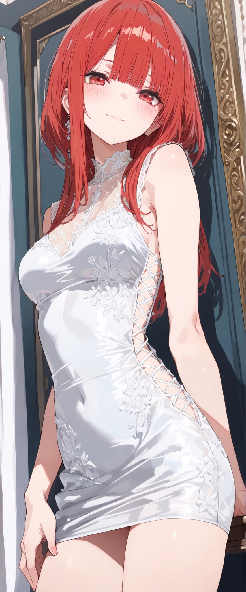 1girl in a masterpiece high-resolution illustration, with long red hair cascading down her shoulders, adorned in a stunning wedding dress. The room is filled with the romantic theme of a wedding, with bridal lingerie delicately peeking out from beneath the layers of her beautiful gown. Her eyes reflect a sense of joy and excitement, with sonic edges enhancing the crispness of every detail. Rias Gremory's elegant figure stands out against the simple, clean background, her long red hair adding a touch of drama to the scene. Her dress, adorned with intricate beading and lace, shimmers in the light, and the long train flows grace