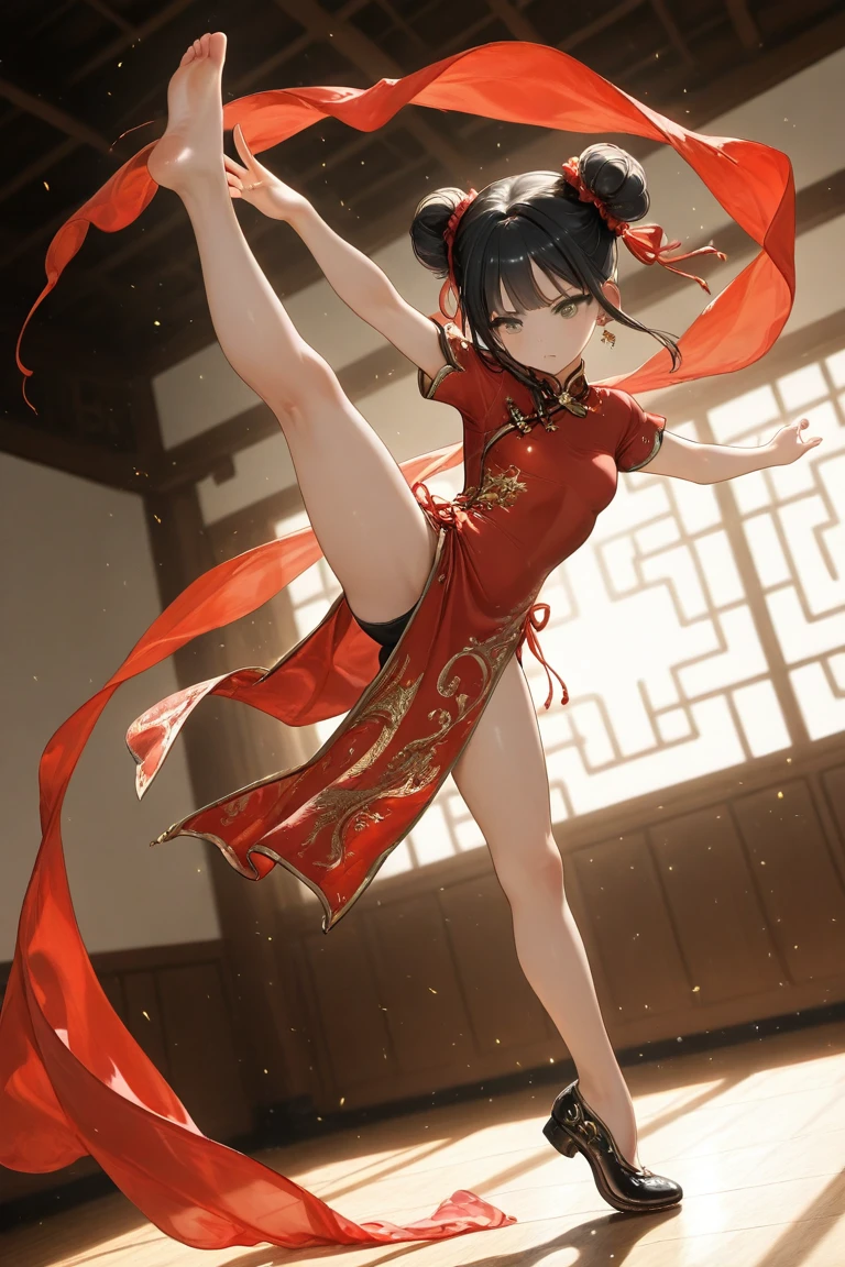 Barefoot and lightweight,Fall in the middle of the stage,A string of gold bells at the ankle,It is lined with Maihime's slender wrists,Loose red gauze pants reveal the fairness of the skin,With the dance, The calves are inadvertently exposed and smooth,Seductive under red light。A golden ribbon is wrapped around the waist,Not loose,But everyone can see it,The curve of her waist resembles a winding green snake。,With deadly elegance,The deliberately unretracted part of the ribbon flew from time to time as the figure moved,Lick the air like a snake letter。The tight wrap is loosely covered with a layer of red tulle,Dance along, It seems to fly unintentionally,Reveal a gelatinous back,Smooth skin,Fragile bony phase,Not greasy or dry。The finely cut smooth arm is loosely wrapped around the red yarn layer,Dance gently,Soft fingers twitched the hearts of the audience in the audience。