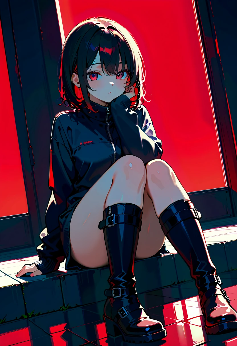 顶级animation质量,animation,HD,1080P,solo,medium view,(low angle),a woman,close mouth,smile,extremely detailed black hair and happy eyes,long hair with swept bang,(One hand touching the face),black Nail polish,(red scarf, black zip up jacket and red pleated skirt),Leather leg loops,trend,detailed pantyhose,sitting on the steps,Erlang legs,Graffiti wall background,Cracks in the wall,dark feeling,(cool feeling),(Gloomy atmosphere)