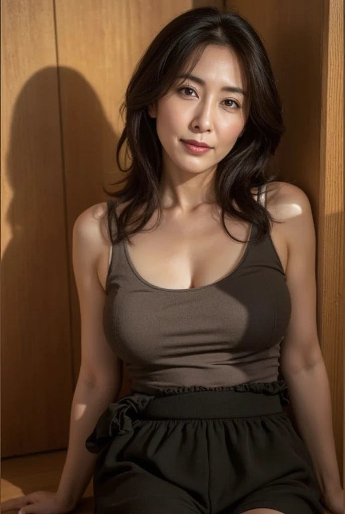 ((top-quality, 8K, masterpiece:1.3)), foco nítido, high-level image quality, hight resolution, Portrait, Solo, japanes, Middle-aged beautiful woman, 40yo, Plump:0.25, Wavy Hair, Clothes with a view of cleavage, pantiy, Wrinkles at the corners of the eyes, in tran private compartment, one knee up, Colossal tits, Seductive look, Mouth open, Looking at the viewer, Rubbing your chest, Tying hair, Onepiece, Saggy, Light makeup, Sweating:0.7