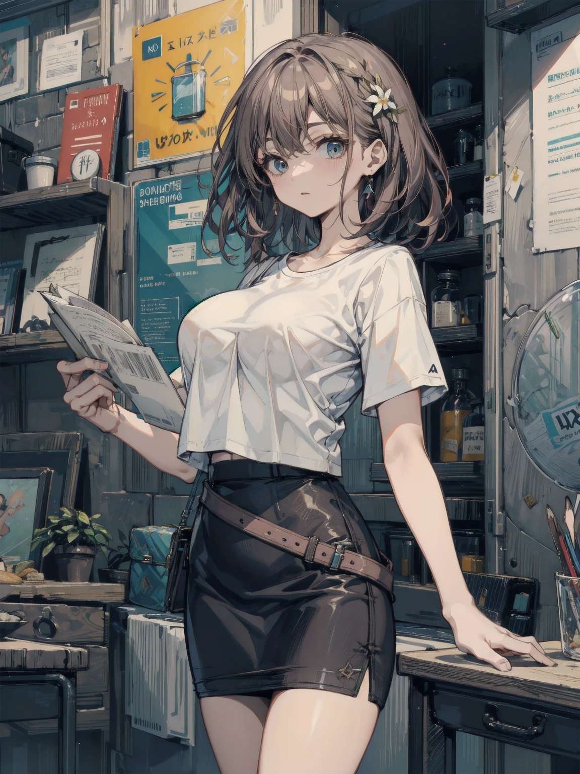 highest quality, masterpiece, long eyelashes, Sparkling輝く目, mini skirt, Sparkling, big breasts, show off your breasts, You can see the cleavage of your, Tank top, Camouflage jacket,
