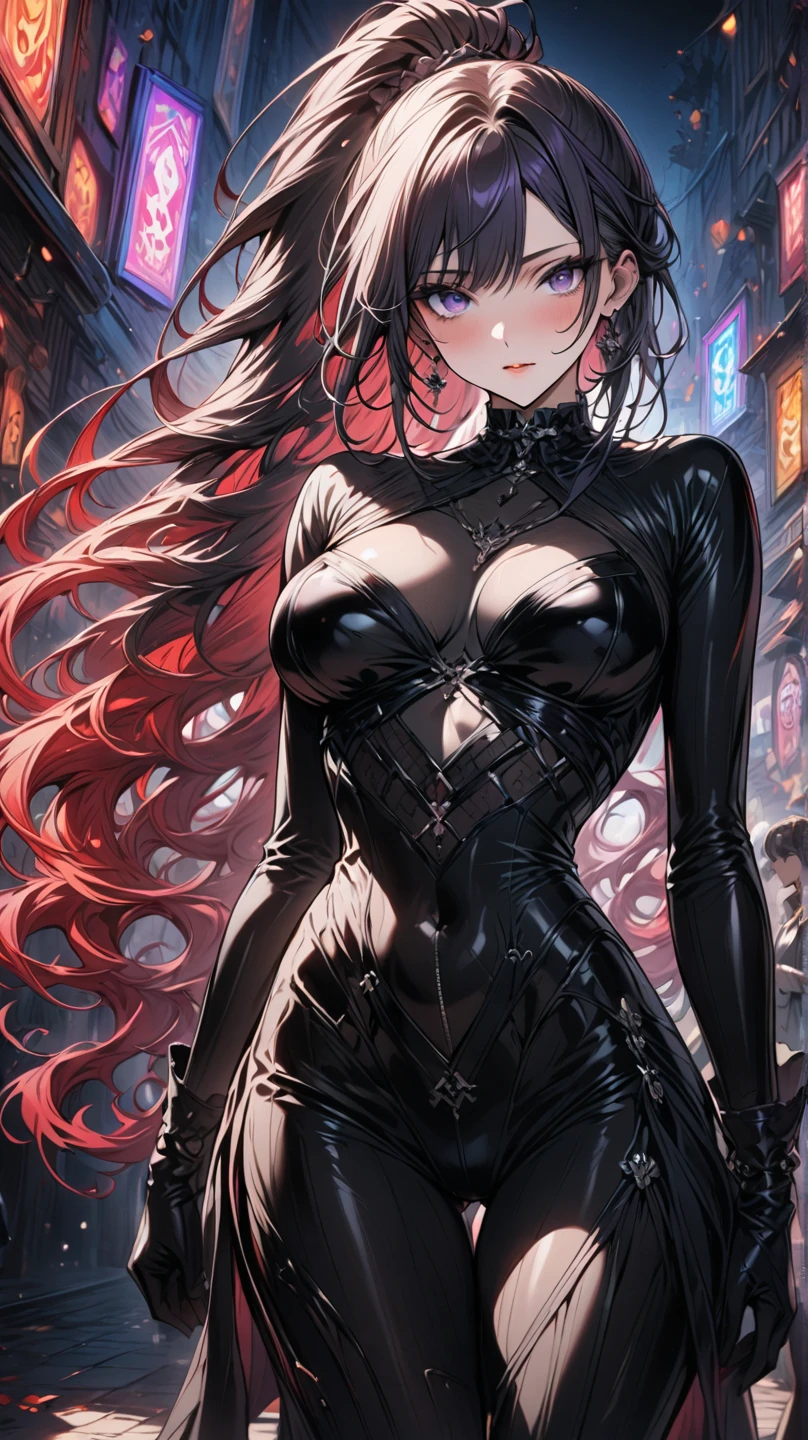 Raw photo, masterpiece, best quality, ultra-detailed, high resolution, extremely detailed CG, unity 8k wallpaper, official art, production art, novel illustration, caustics, textile shading, super detailed skin, perfect anatomy, detailed, cinematic lighting, dynamic lighting, 4k image, anime style, beautiful young girl, casual backless oversized cable knitted sweater, thigh-high heeled boots, sharp facial features, lightly tanned white skin, oval shaped face, arrogant and disdainful expression, cherry pink lips. big dark and mesmerizing velvet colored eyes, sleek dark violet-black hair, 18 year old, solo girl, C-cup breasts, beautiful distinct image, hourglass figure, tall height(180cm). slim curves, narrow waist, perky round ass, casual forestry and nature modern setting
