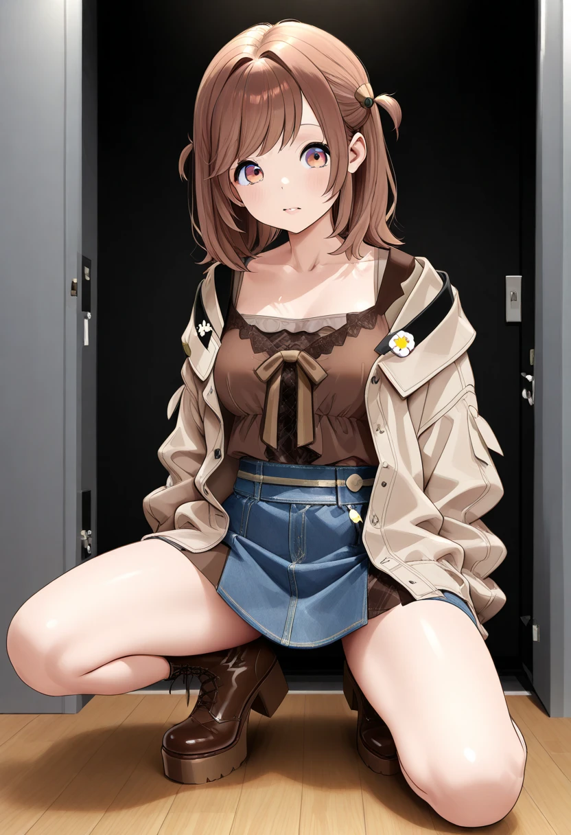 (Masterpiece, top quality, high resolution, realistic photo, realistic looking skin:1.1),
(The woman is crouching with her legs closed with both knees and thighs together: 1.8),
(We are sitting directly in front of her to see her panties: 1.8),
(She is resting her elbows on both knees and resting her cheekbones on her cheekbones:1.5),
(glimpse of panties:1.5),
(She has a smirking smirk on her face:1.5),
(She has a mature look on her face:1.5),
(She is wearing a white sleeveless turtleneck knit:1.5),
(She is wearing a gray pleated miniskirt:1.5),
(She is wearing brown middle boots: 1.8),
(Her panties are white with a pattern: 1.5),
(She has medium brown hair: 1.5),
(Location: empty aisle in shopping mall: 1.5),
1 Japanese girl, solo, full bodied esbian, beautiful eyes, glowing eyes, glowing thighs, NSFW